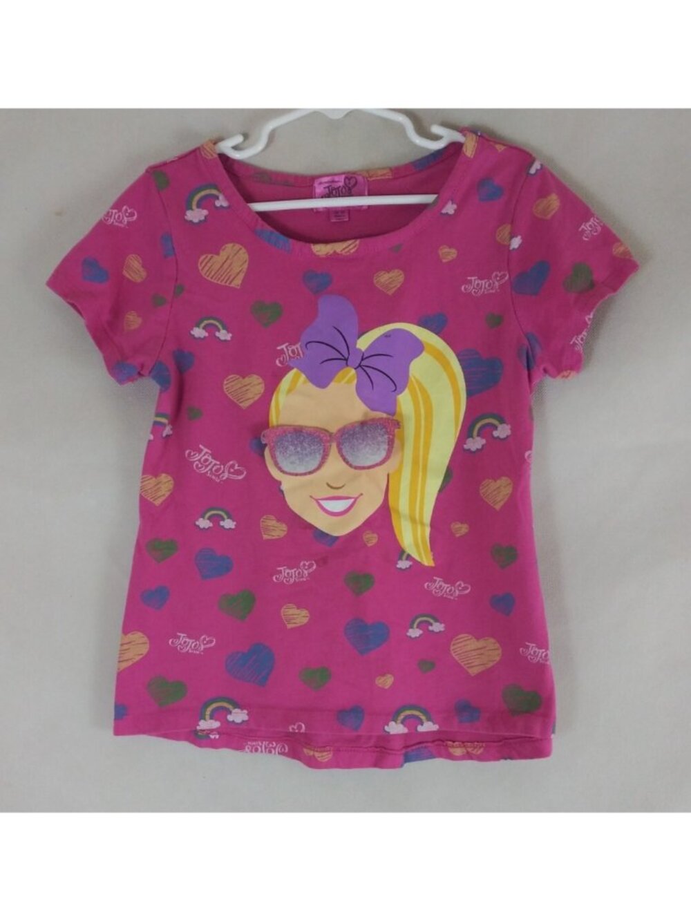 Jojo Siwa Girl Pink Rainbow Heart Print Short Sleeve T-Shirt Girl's Small 7/8